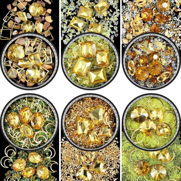 6 Wheels Mixed Sparkle Nail Art Rhinestones Diamonds Crystals Yellow - Picture 1 of 3